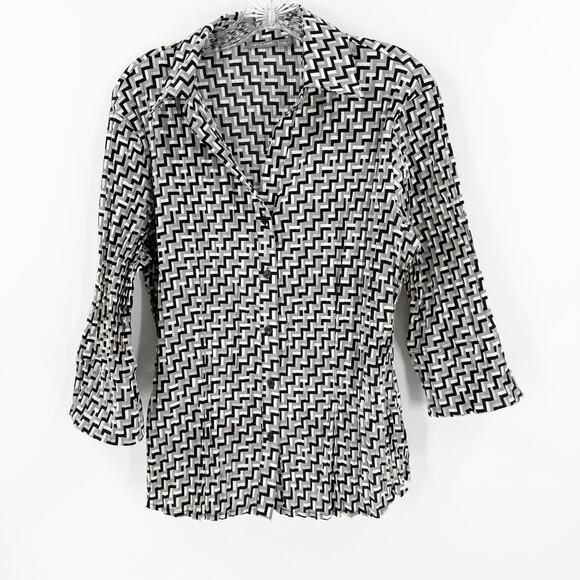 APT 9 Stretch Retro Gray Crinkle Y2K Collared Button Up Blouse Women's Large - Picture 1 of 10
